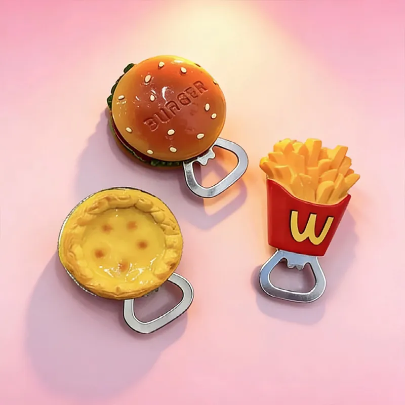 Cute Resin Fridge Magnet Bottle Opener Set – Food-Shaped Magnetic Decorative Stickers for Kitchen, Burger Fries Egg Tart Novelty Multifunctional Cap Opener